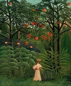 Vrouw wandelend in een exotisch bos door Henri Rousseau